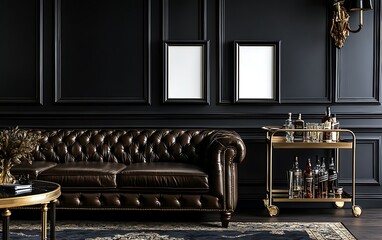 Luxurious dark brown leather sofa in a stylish living room with a bar cart