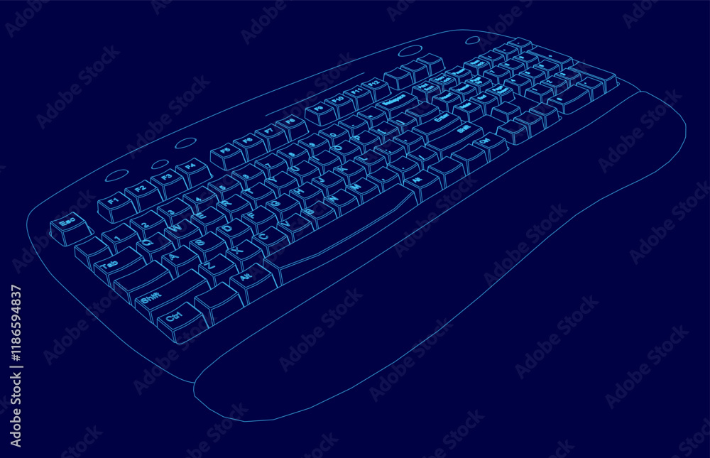 Poster keyboard is shown in a blue color. the keyboard is in a close up view and the keys are shown in a bl