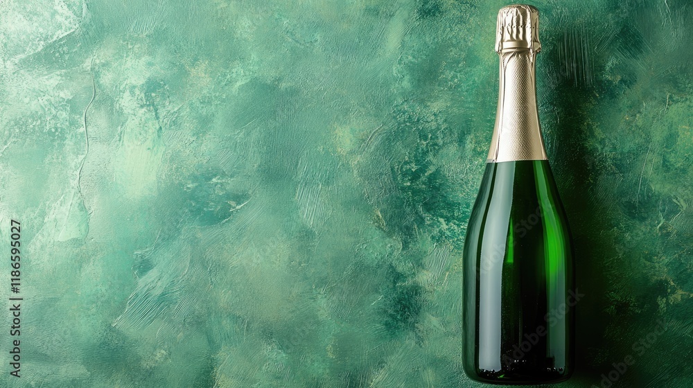 Poster elegant silver sealed champagne bottle against a textured green background with ample space for cust