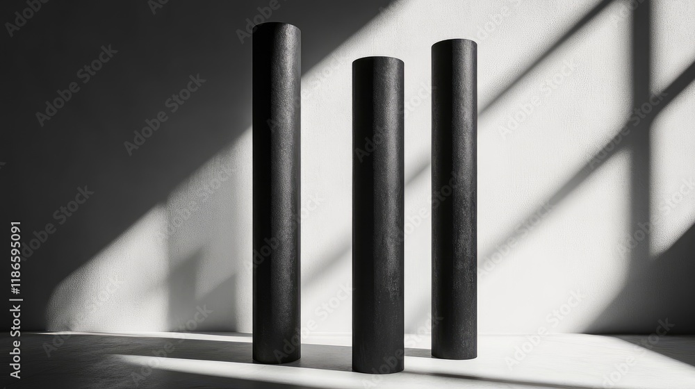Poster sculptural composition of three vertical cylinders showcasing texture and shadow on a clean minimali