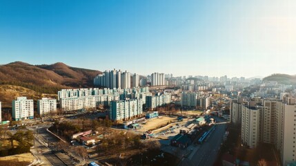 Fototapeta premium Urban Skyline Panorama: A breathtaking aerial view captures a sprawling cityscape nestled against the backdrop of rolling hills, bathed in the warm, clear light of day.