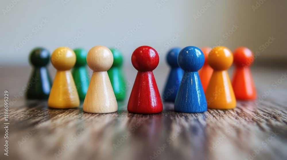 Poster agile team collaboration concept with colorful wooden game pieces representing scrum master and team