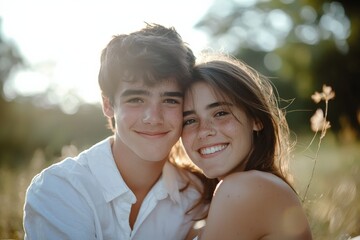 Obraz premium A young couple having a picnic, happy expression, natural daylight, picturesque park background,