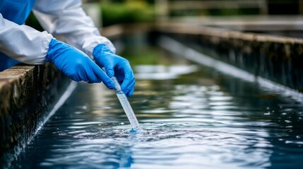 An environmental engineer collects a water sample for analysis. 