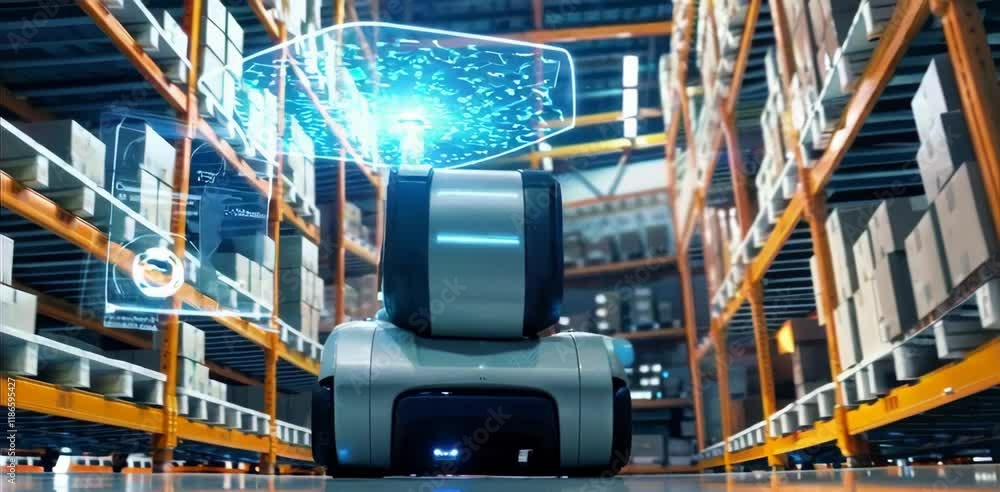 Poster automated robot working in modern warehouse