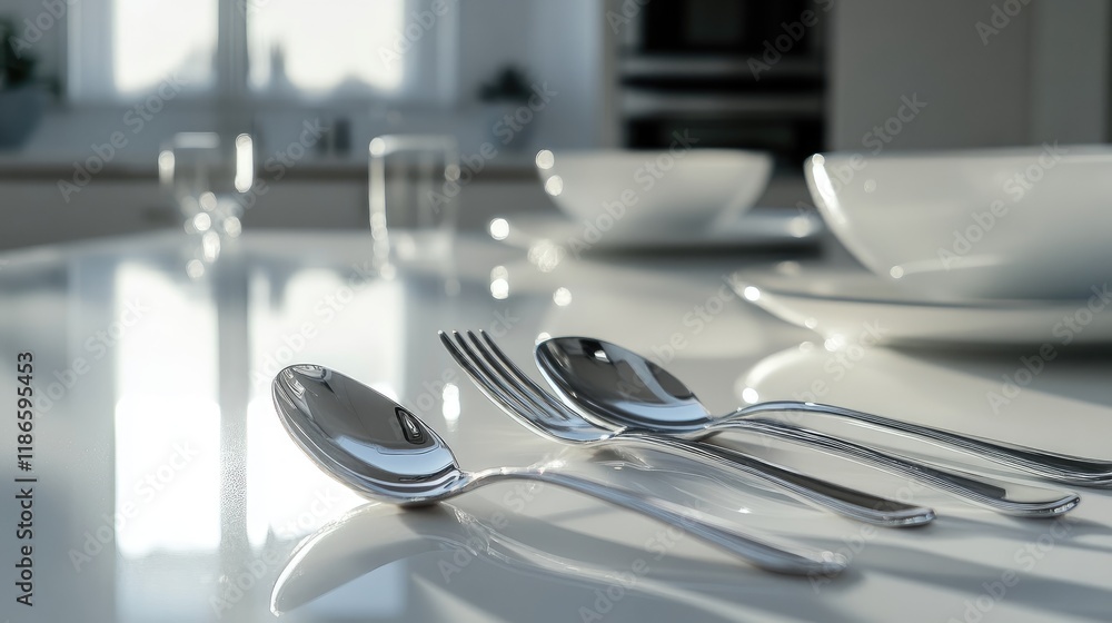 Poster elegant silver cutlery arranged on a pristine white dining table setting with reflections and soft l