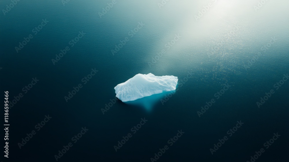 Poster Sunlight reflecting on rippling water surface with iceberg floating in a vast dark ocean, creating a dramatic contrast and highlighting the effects of climate change