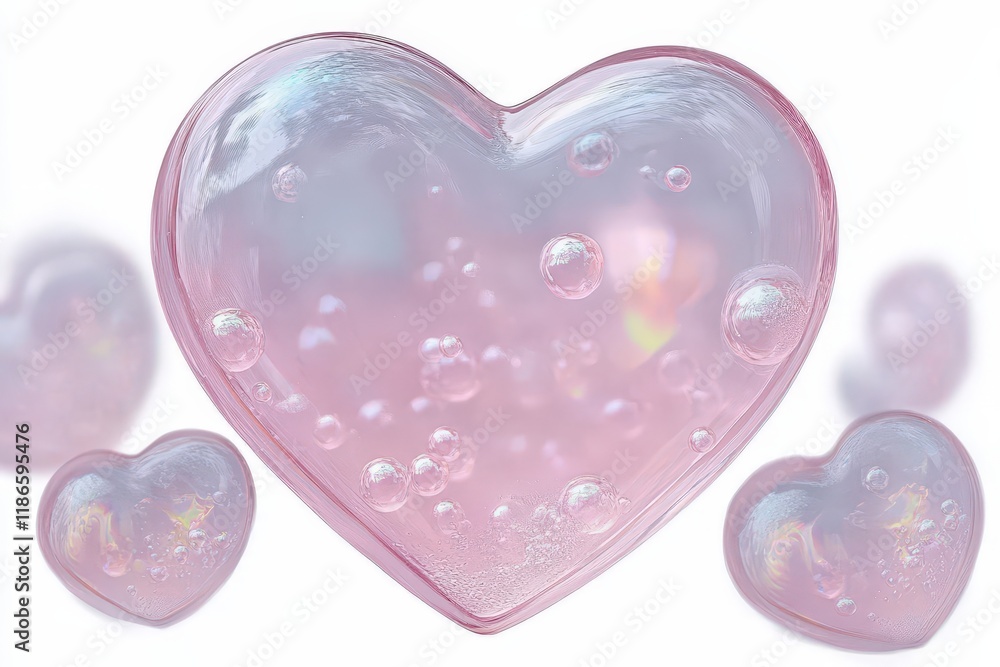 Poster heart-shaped transparent soap bubbles with soft pink color casting a gentle glow and surrounding sma