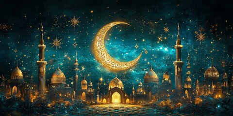 Obraz premium Golden Mosques Under a Crescent Moon: A Nighttime Arabian Nightscape