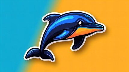 Fototapeta premium Playful cartoon dolphin sticker design. Bright blue, orange accents against a teal and gold background.