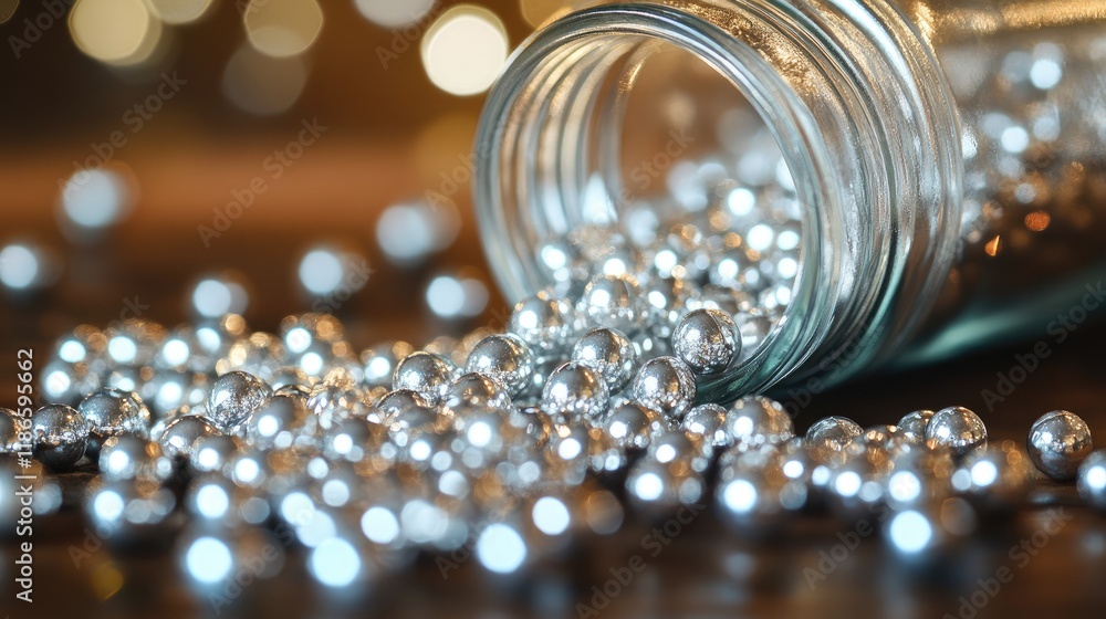 Poster silver decorative beads overflowing from a glass jar with a bokeh background in a warm setting