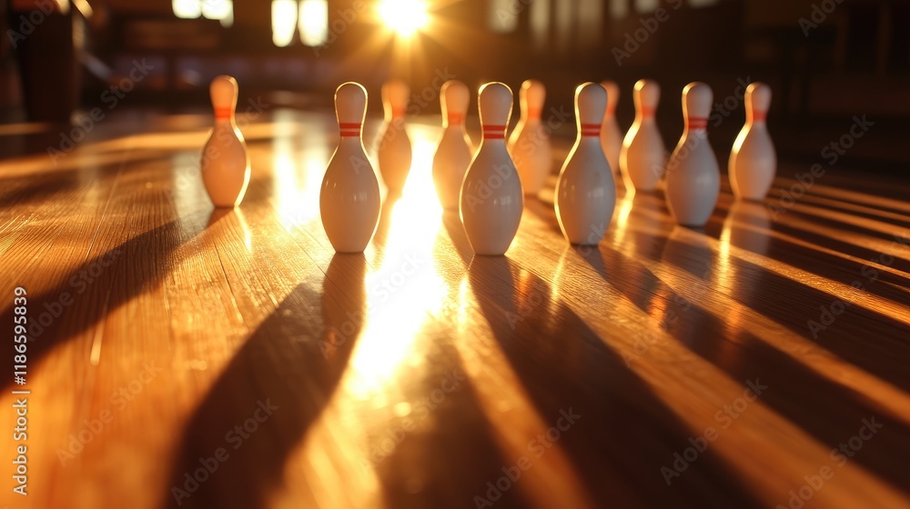 Poster bowling pins lined up on a wooden alley at sunset creating dramatic shadows and warm light with ampl