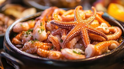 Seafood platter featuring fresh seafood with vibrant starfish garnish and flavorful sauce in an appetizing presentation