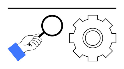 Magnifying glass and gear representing problem-solving, efficiency analysis, and system adjustments. Ideal for innovation, research, technology, quality assurance, business strategy, mechanics