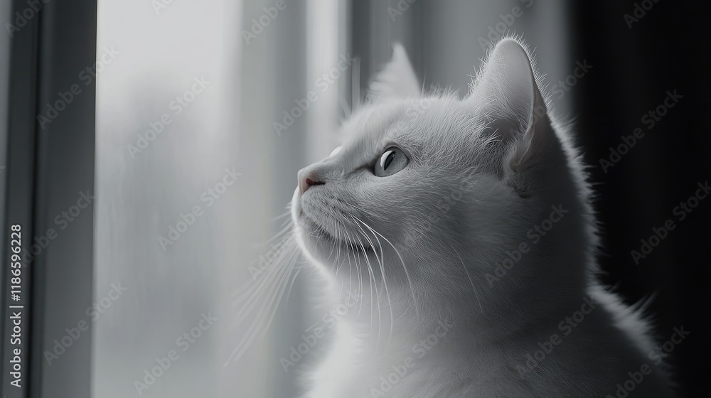 Poster curious white cat gazing out of a window with a contemplative expression in a softly lit room settin