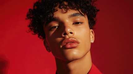 Young male model with short curly hair posing confidently in a studio setting against a vibrant red background.