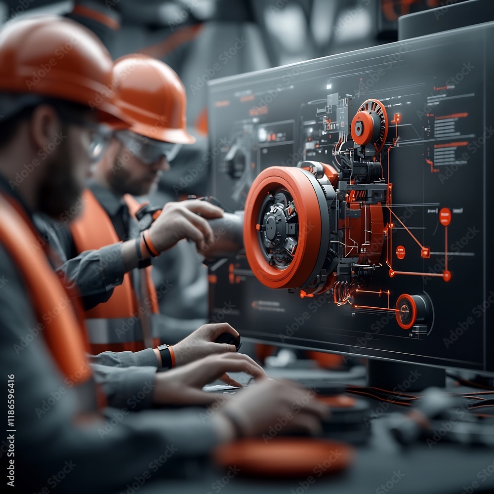 Poster a team of offshore oil rig engineers in hard hats and safety vests collaborating to optimize complex