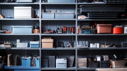 A storage room filled with boxes and shelves, perfect for interior design or organizing projects