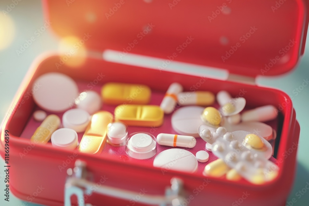 Poster a red container filled with various types of pills and medication