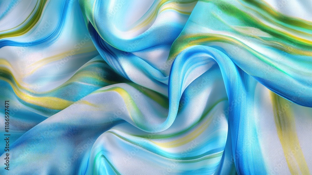 Poster elegant blue and green silk fabric with soft stripes creating a fluid texture pattern ideal for fash