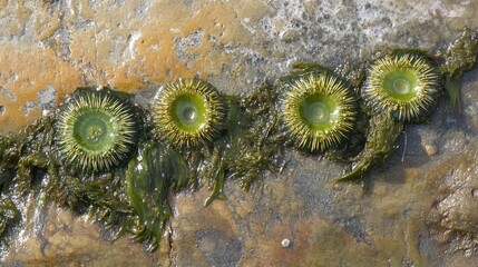 Sea urchins surrounded by vibrant green algae on a textured rocky ocean floor illustrating marine biodiversity and ecosystem dynamics.