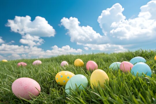 Colored easter eggs in green grass. Colorful Easter eggs in the grass in a field against the background of a blue sky with clouds. Easter Holiday Concept.