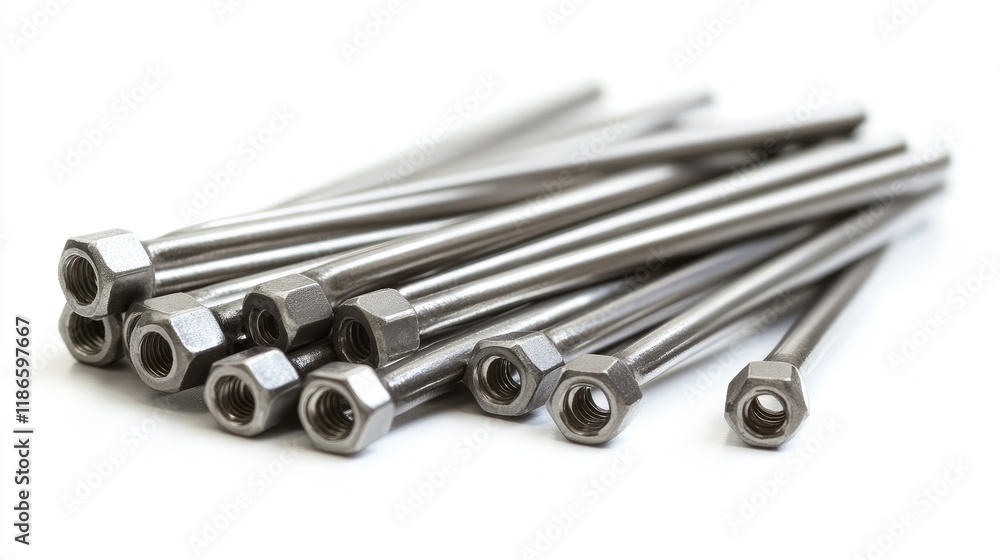 Poster silver hex keys with nuts on a clean white background for mechanical and diy projects