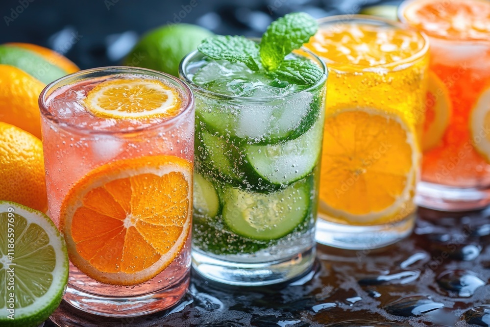 Poster a row of glasses filled with different types of drinks