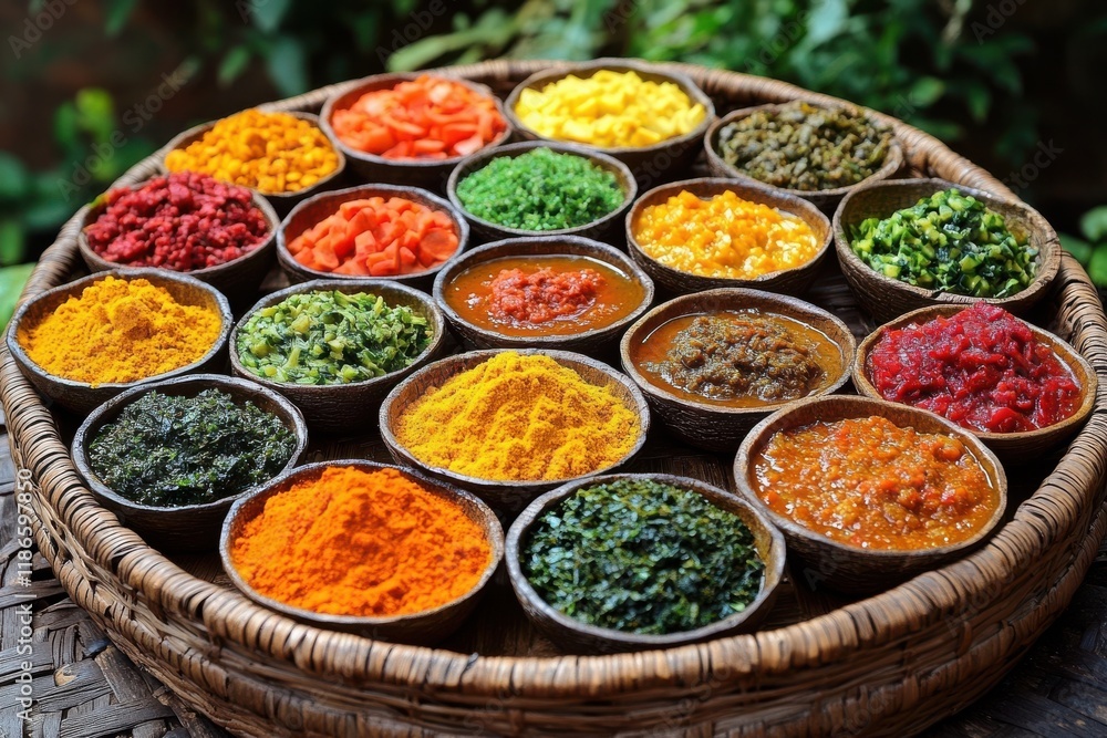 Poster vibrant array of exotic spices and sauces in small bowls, arranged on a rustic wooden tray. a captiv