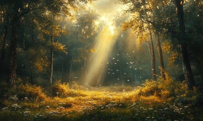 Sunlit forest clearing, birds flying, wildflowers bloom.