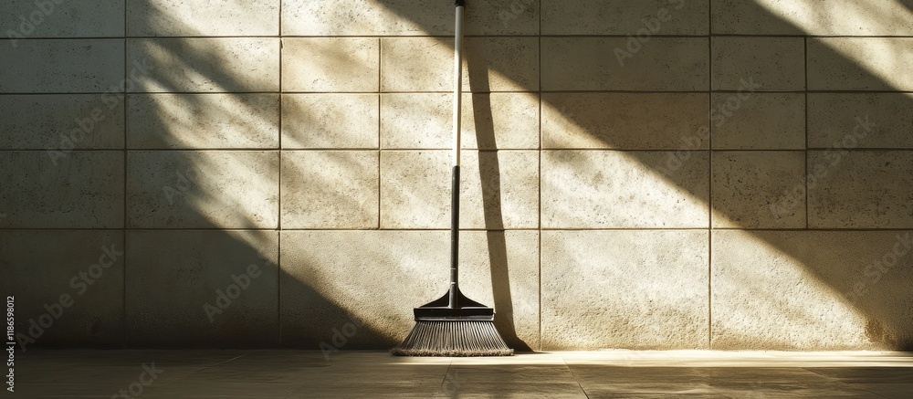 Poster shadow of a floor sweeper on a wall showcasing light dynamics and contrasting shapes in a minimalist