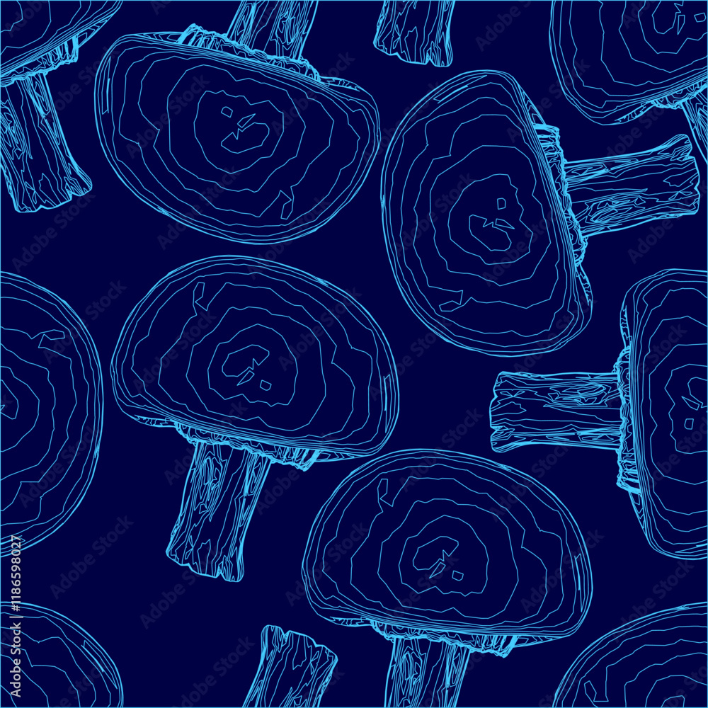 Poster blue background with mushrooms drawn on it. the mushrooms are all different sizes and shapes, but th