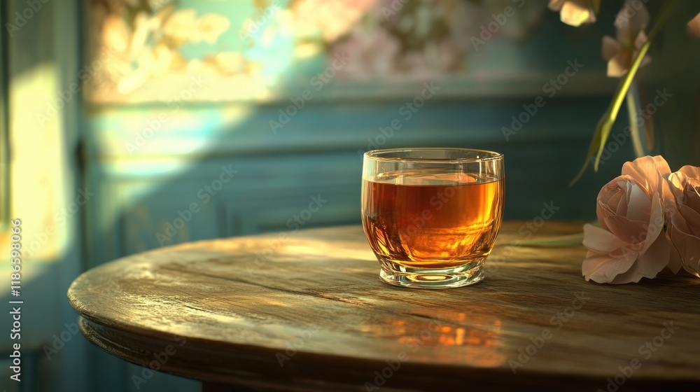 Poster aromatic glass of tea on rustic wooden table with soft sunlight and floral background creating a war