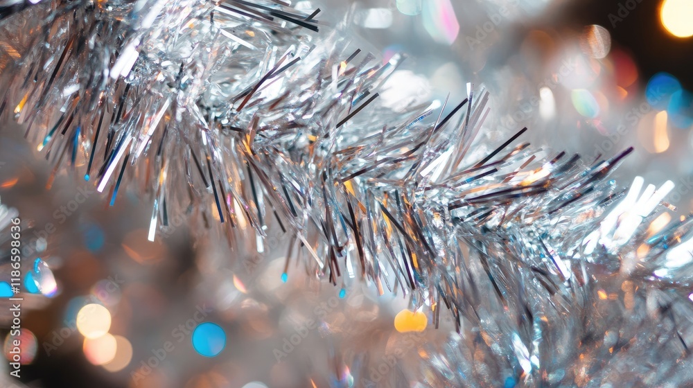 Poster close-up view of shimmering silver tinsel decoration with bokeh lights creating a festive atmosphere