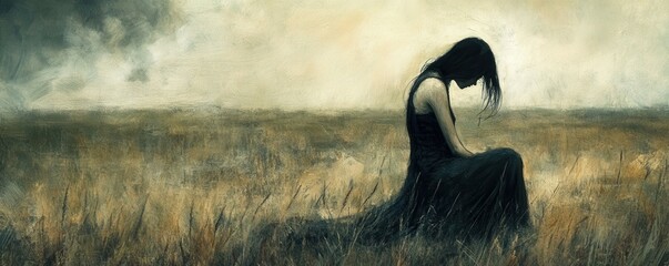 Woman in distress solitude and despair in the middle of a field