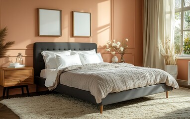 Sunlit bedroom interior, neutral tones, cozy bed, elegant decor, ideal for home decor websites