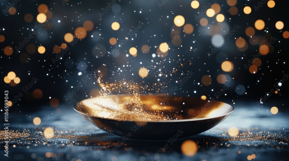 Poster abstract golden bokeh effect with sparkling particles and shimmering bowl on dark background for ele