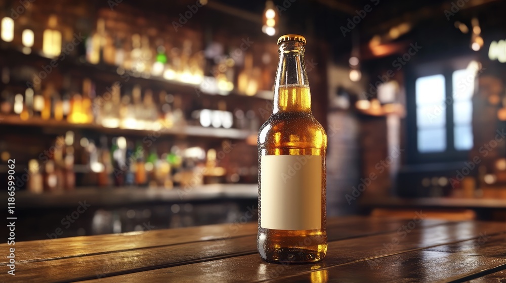 Poster chilled beer bottle with blank label on rustic bar counter in cozy pub setting