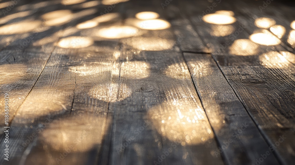 Poster defocused silver and white bokeh light circles on a rustic wooden floor creating an abstract atmosph