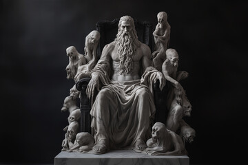 Fototapeta premium Marble statue: the terrible and merciless god of the underworld of the dead Hades on a throne against a background of ghosts. Ancient Roman and Greek mythology.