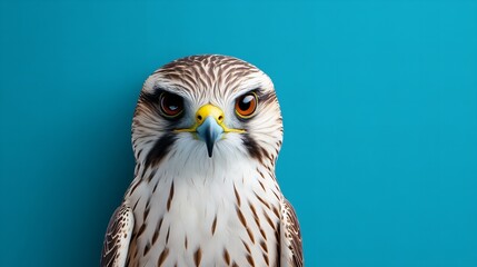 Obraz premium Close-up portrait of a majestic hawk against a vibrant teal background. Its intense gaze and intricate plumage are captivating.