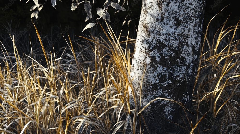 Poster serene nature scene featuring silver grass and a textured tree trunk in soft natural light creating 