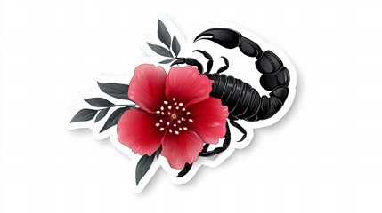 Black scorpion and a red flower. Bold graphic design with contrasting colors.