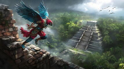A colorful figure with bird-like features stands on ruins overlooking a jungle and pyramid.
