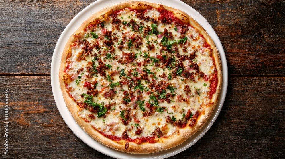 Poster delicious pizza on white plate with fresh toppings captured from above on rustic dark wooden table w