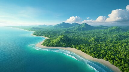 Aerial View of Lush Green Jungle and Serene Ocean Shoreline with Gentle Waves and Mountainous Horizon Under a Clear Blue Sky