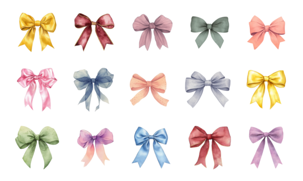 Set of 16 elegant watercolor bows in pastel shades, arranged on a transparent background. Ideal for decorative designs, stationery, or festive projects - Powered by Adobe