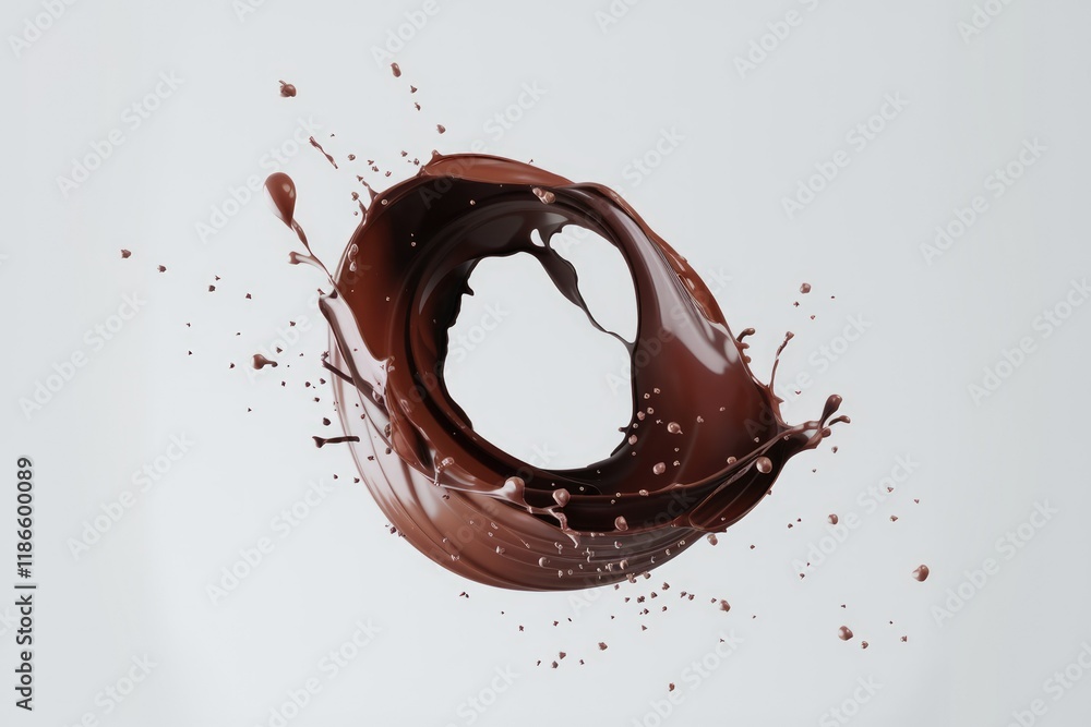 Poster a mesmerizing circular splash of rich, dark chocolate, capturing the fluidity and deliciousness of t