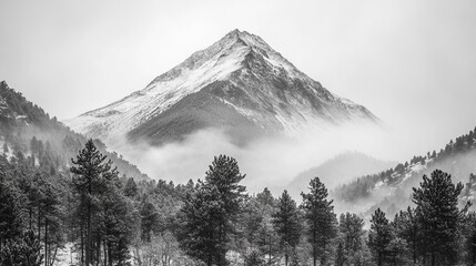 Obraz premium Snow-covered mountain peaks rise above the misty forest during winter season