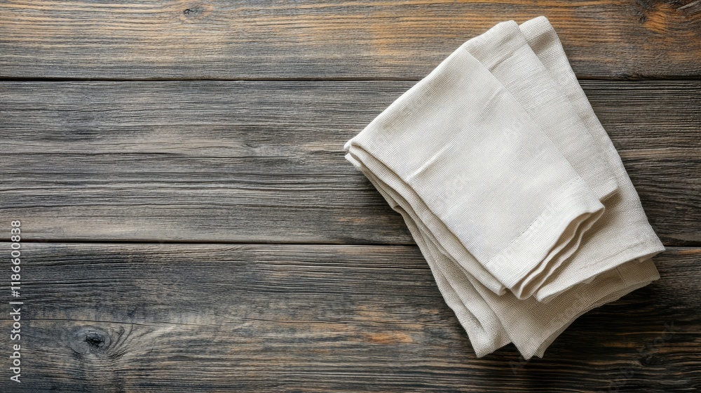 Poster linen napkins elegantly arranged on rustic wooden table background for dining or table setting conce
